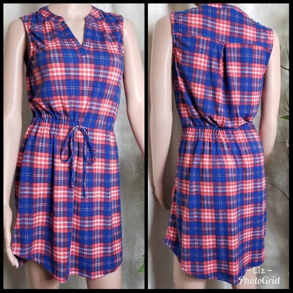 Lily Rose | Red Blue Plaid Dress Elastic Waist Tie Accent - Picture 1 of 6